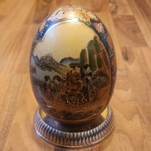 Satsuma Geisha Large Porcelain Egg with Golden Brass Platform Base